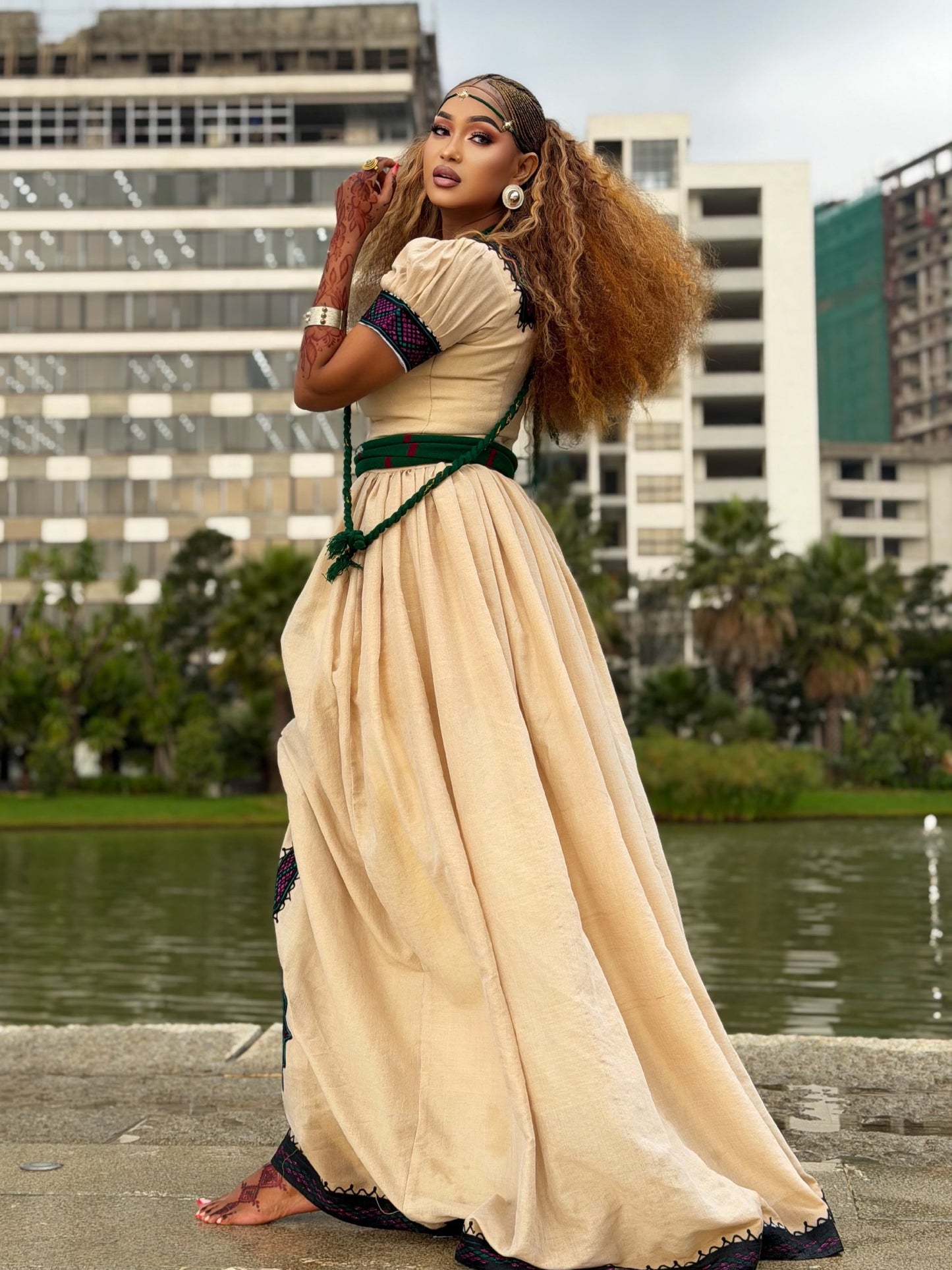 Sand Beige Purple Green Starburst Ethiopian dress Short Sleeve Habesha Kemis Ashenda Habesha Dress 1096