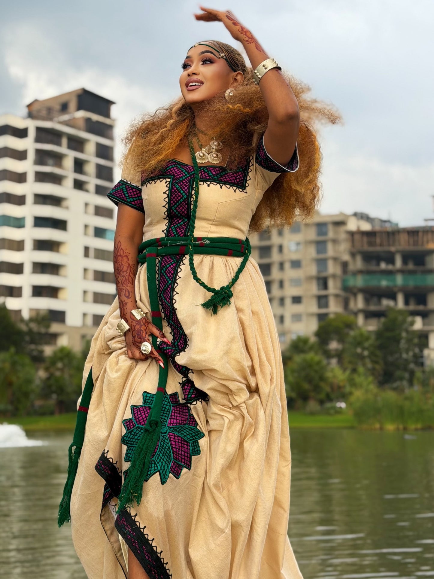 Sand Beige Purple Green Starburst Ethiopian dress Short Sleeve Habesha Kemis Ashenda Habesha Dress 1096
