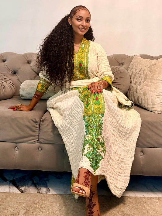 Lime Green Lattice habesha kemis online Handloomed ethiopian clothing