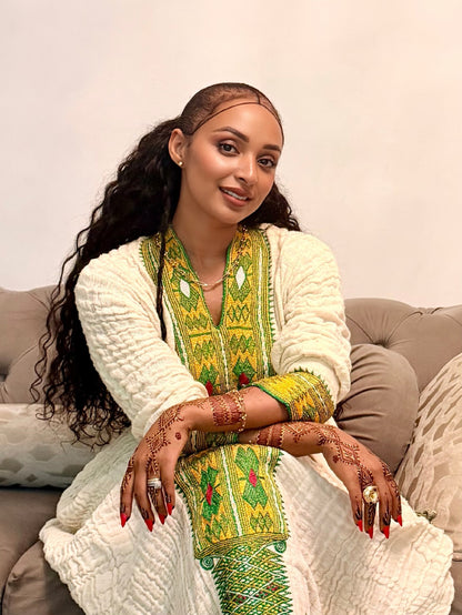 Textured Lime Green & Gold Geometric Habesha Dress V-Neck Habesha Kemis  Long Sleeve Ethiopian dress 1097