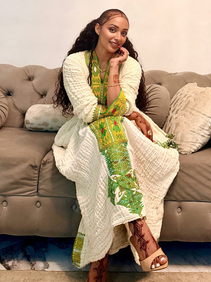 Textured Lime Green & Gold Geometric Habesha Dress V-Neck Habesha Kemis  Long Sleeve Ethiopian dress 1097