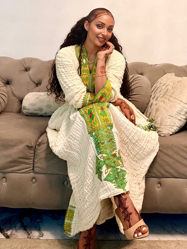 Textured Lime Green & Gold Geometric Habesha Dress V-Neck Habesha Kemis  Long Sleeve Ethiopian dress 1097