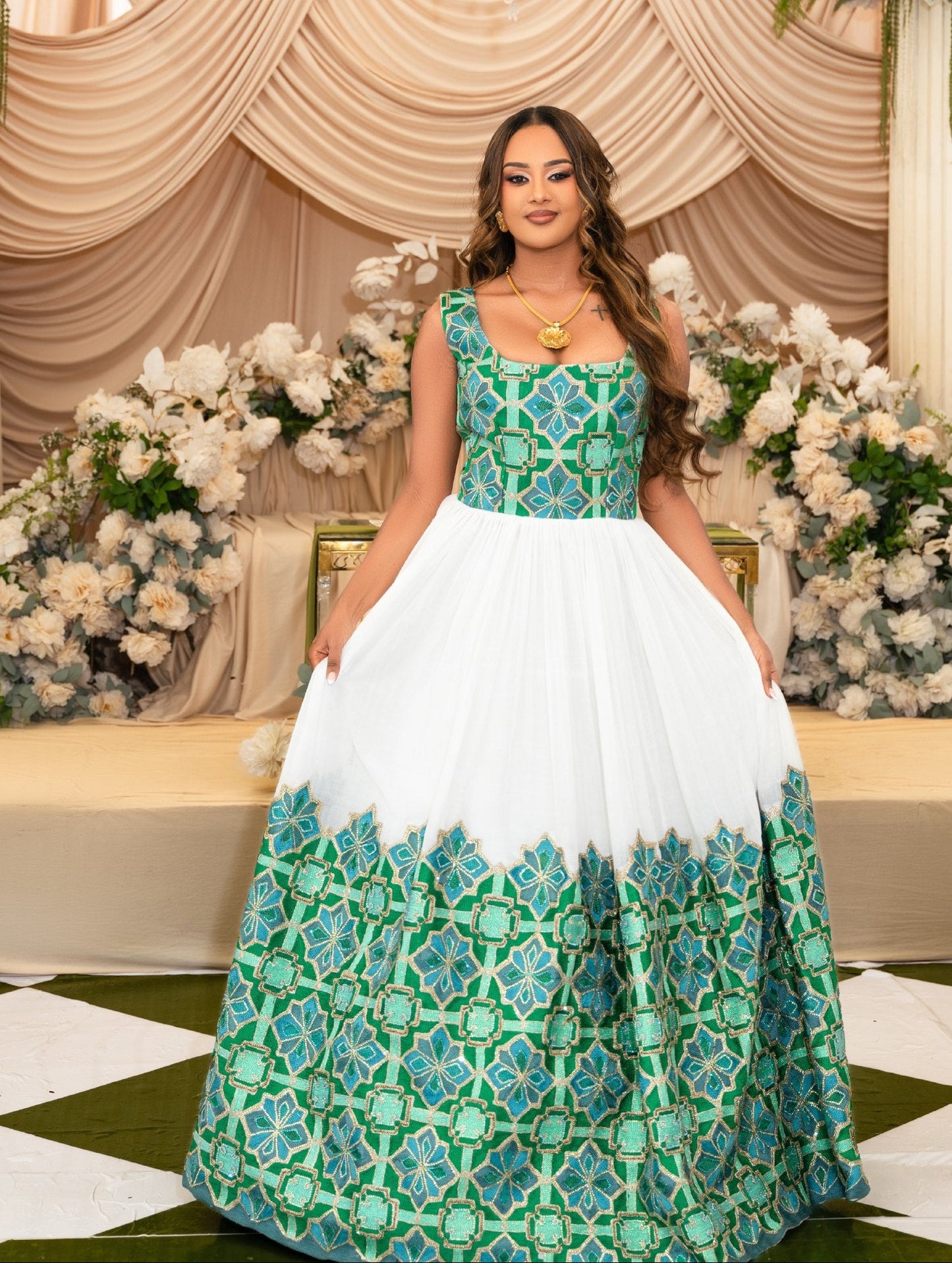 Emerald Teal Tile Ethiopian Wedding Dress Bridal Ethiopian Clothing Graceful Habesha Kemis 1099