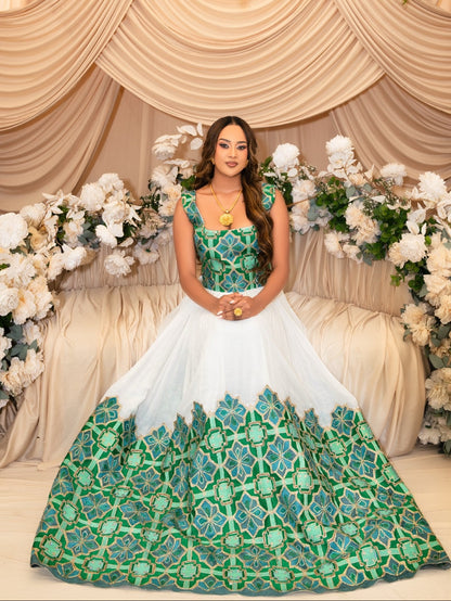Emerald Teal Tile Ethiopian Wedding Dress Bridal Ethiopian Clothing Graceful Habesha Kemis 1099