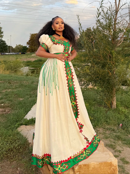 Emerald Green & Crimson Red Cross Border Eritrean Dress Short Sleeve Traditional Ethiopian Dress 1100