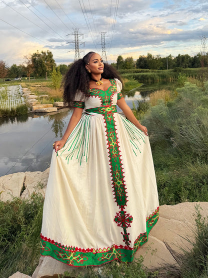 Emerald Green & Crimson Red Cross Border Eritrean Dress Short Sleeve Traditional Ethiopian Dress 1100