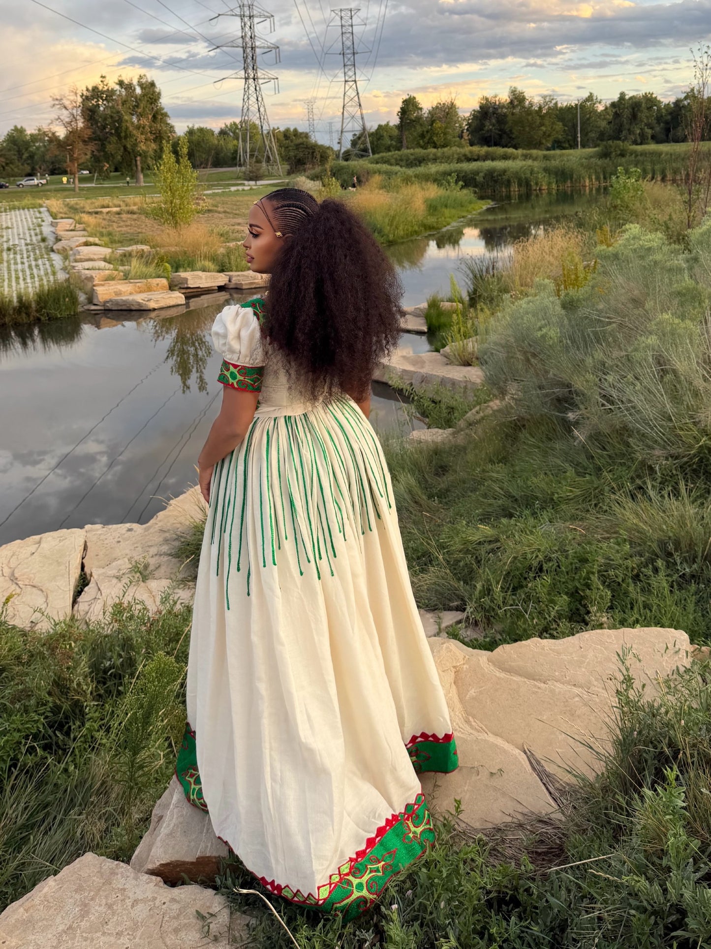 Emerald Green & Crimson Red Cross Border Eritrean Dress Short Sleeve Traditional Ethiopian Dress 1100