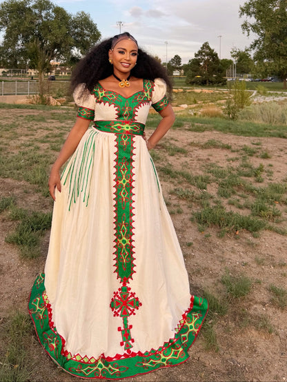Emerald Green & Crimson Red Cross Border Eritrean Dress Short Sleeve Traditional Ethiopian Dress 1100