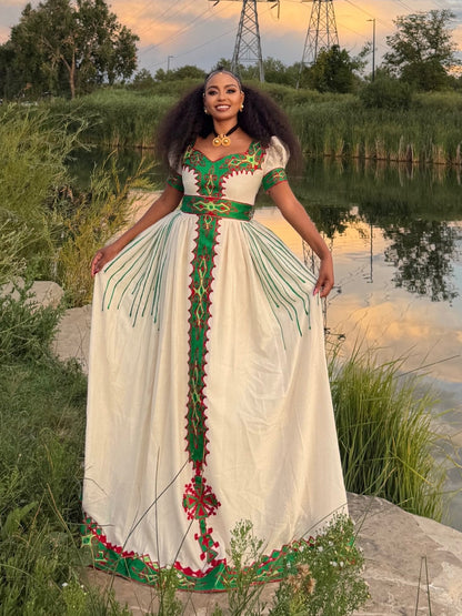 Emerald Green Crimson Habesha Kemis Online Artisanal Traditional Ethiopian Clothing