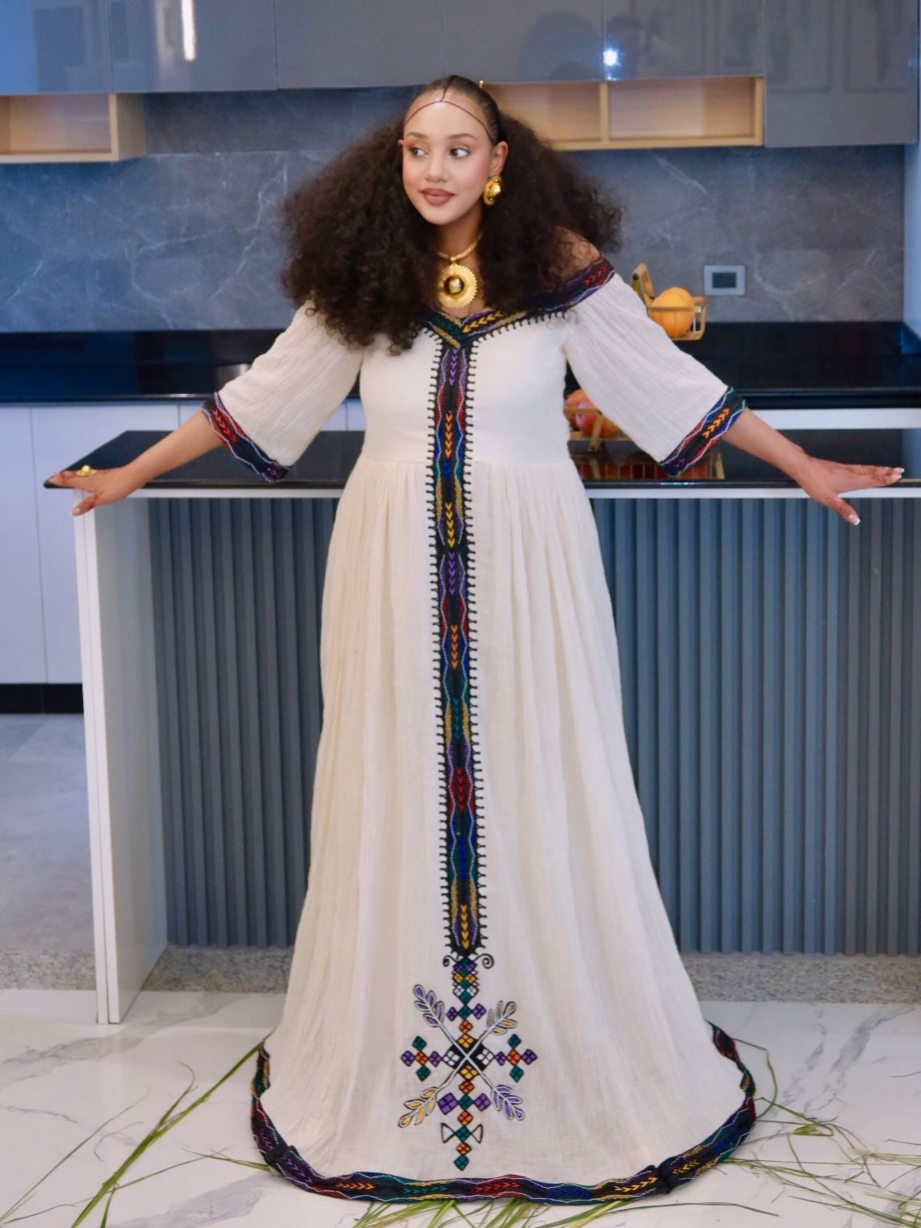 Habesha Kemis With Multi-Color Chevron Tilf  Three-Quarter Sleeve Ethiopian Dress Timeless Habesha Dress 1101