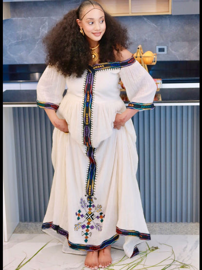 Habesha Kemis With Multi-Color Chevron Tilf  Three-Quarter Sleeve Ethiopian Dress Timeless Habesha Dress 1101