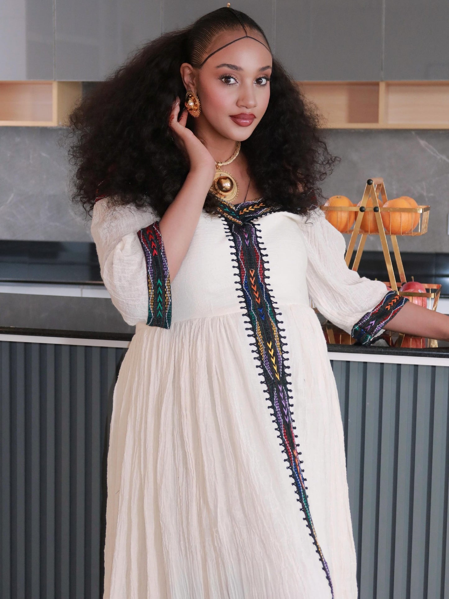 Habesha Kemis With Multi-Color Chevron Tilf  Three-Quarter Sleeve Ethiopian Dress Timeless Habesha Dress 1101