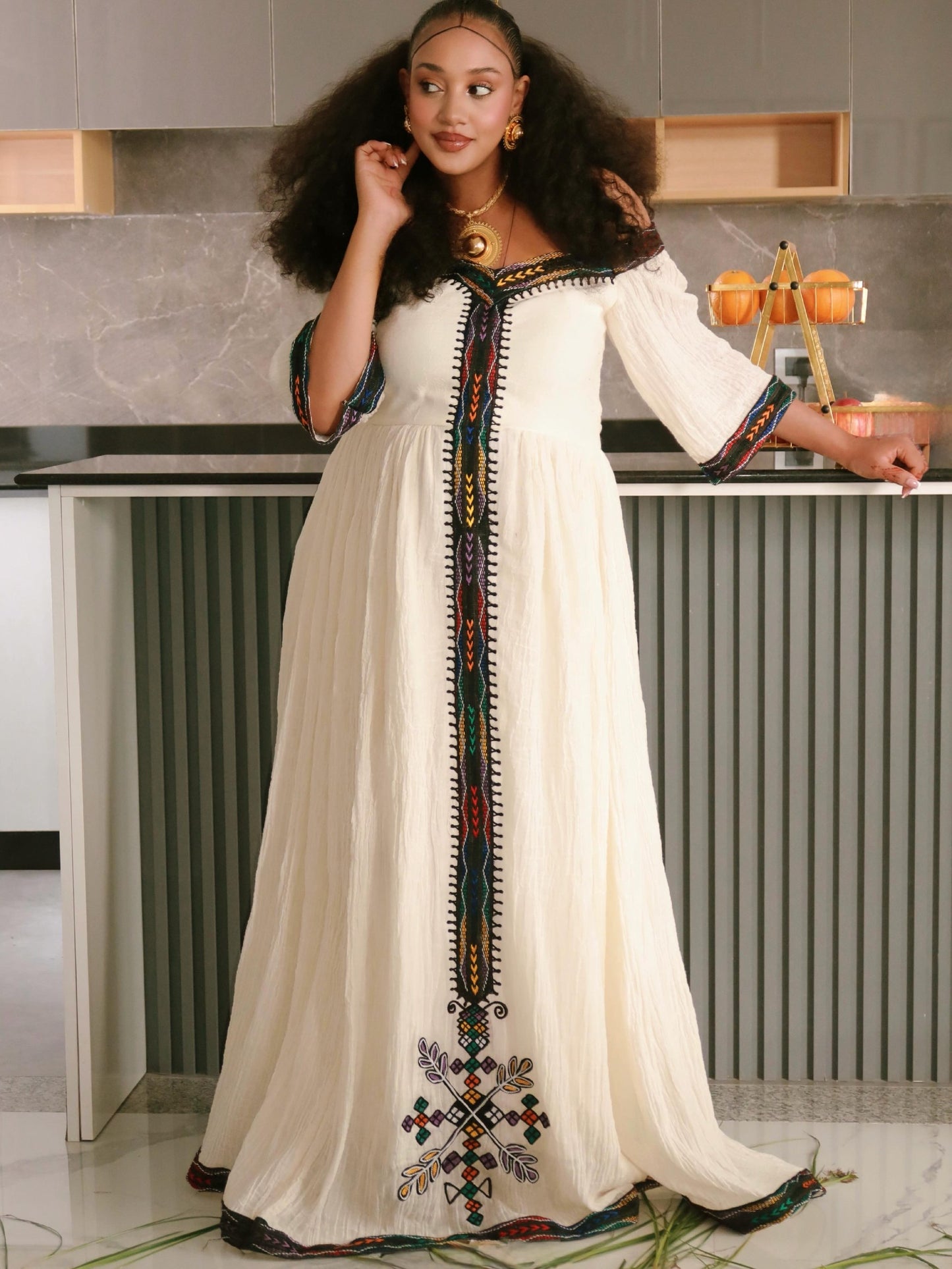 Off-Shoulder Rainbow Chevron habesha kemis online Handloomed ethiopian clothing