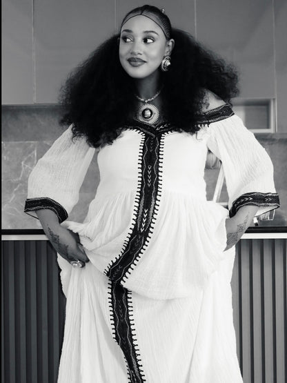 Habesha Kemis With Multi-Color Chevron Tilf  Three-Quarter Sleeve Ethiopian Dress Timeless Habesha Dress 1101