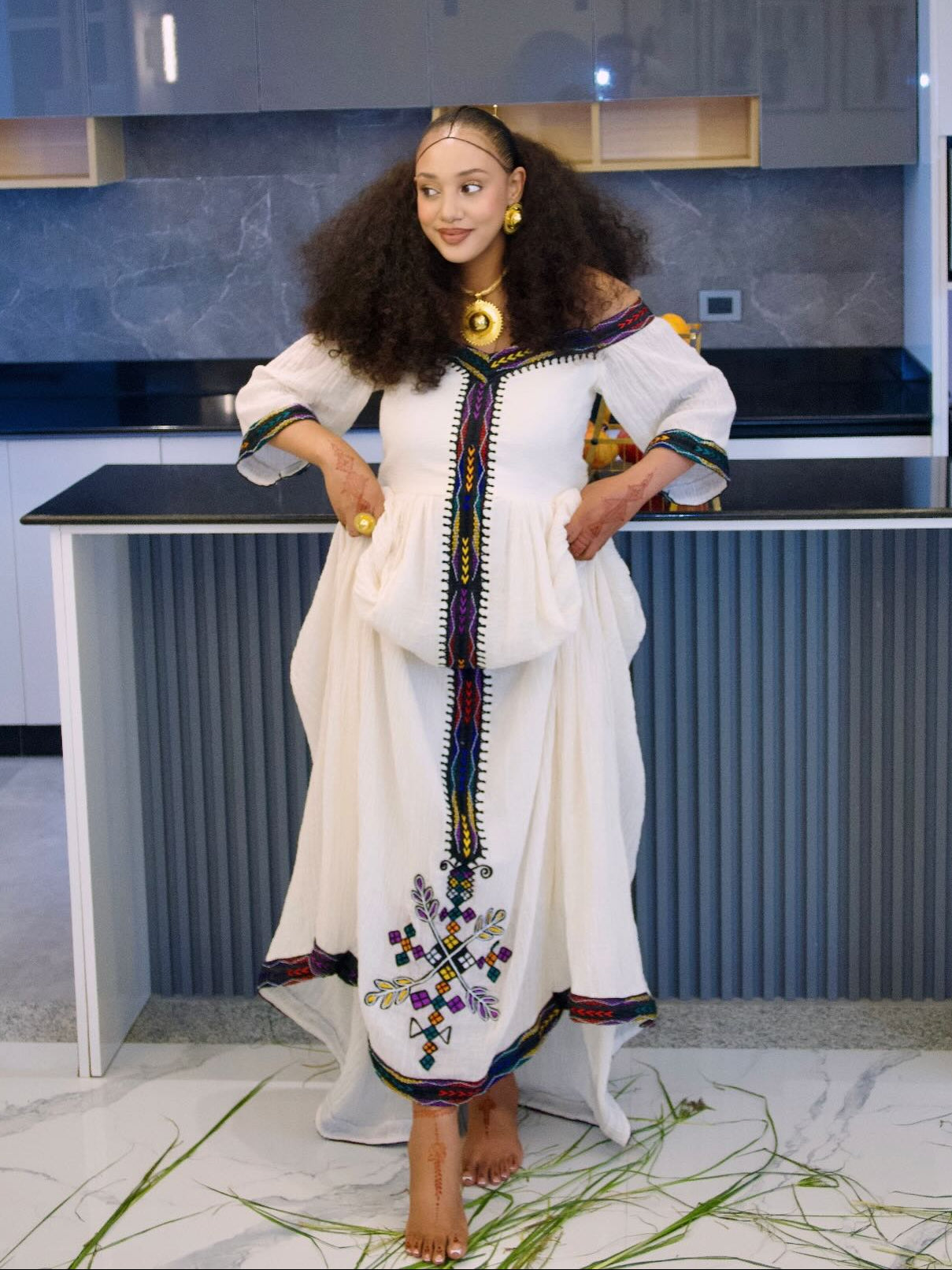 Habesha Kemis With Multi-Color Chevron Tilf  Three-Quarter Sleeve Ethiopian Dress Timeless Habesha Dress 1101
