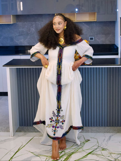 Habesha Kemis With Multi-Color Chevron Tilf  Three-Quarter Sleeve Ethiopian Dress Timeless Habesha Dress 1101
