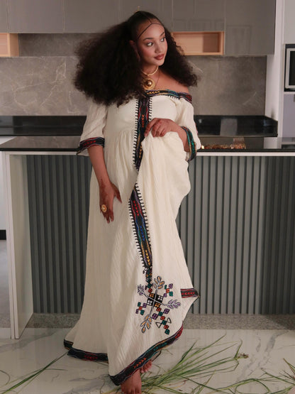 Habesha Kemis With Multi-Color Chevron Tilf  Three-Quarter Sleeve Ethiopian Dress Timeless Habesha Dress 1101