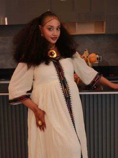 Habesha Kemis With Multi-Color Chevron Tilf  Three-Quarter Sleeve Ethiopian Dress Timeless Habesha Dress 1101