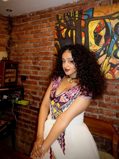 Multi-Color Floral Tilet Ethiopian Clothing V-Neck Habesha Dress Short Sleeve Habesha Kemis 1102
