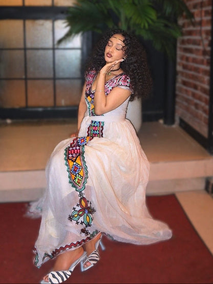 Multi-Color Floral Tilet Ethiopian Clothing V-Neck Habesha Dress Short Sleeve Habesha Kemis 1102
