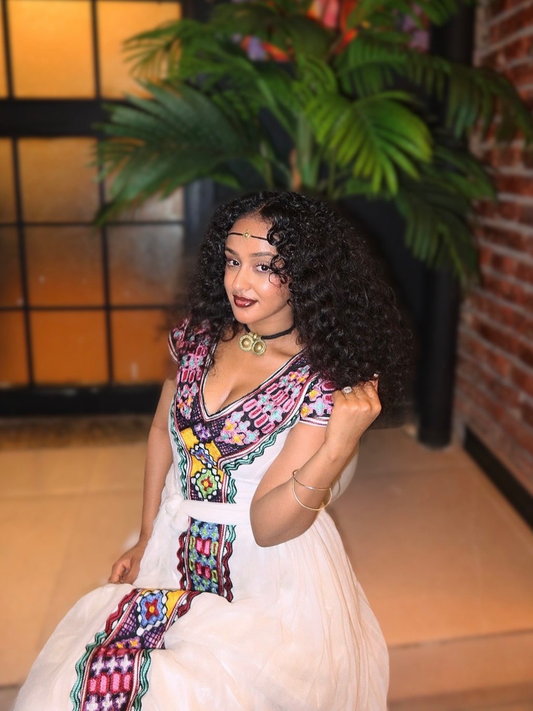 Multi-Color Floral Tilet Ethiopian Clothing V-Neck Habesha Dress Short Sleeve Habesha Kemis 1102