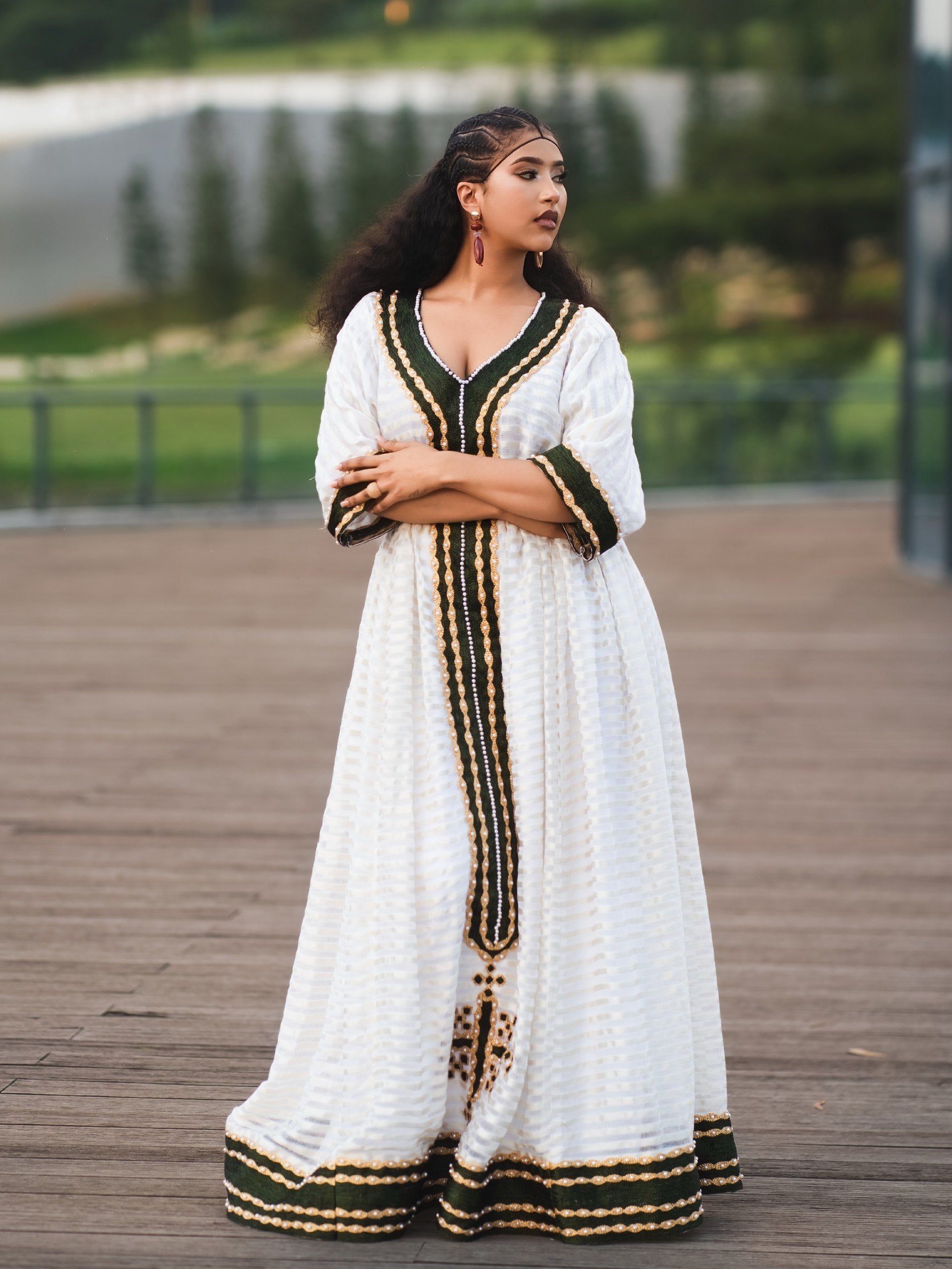 Ethiopian Traditional Dress White & Green Habesha Kemis with Gold Embroidery