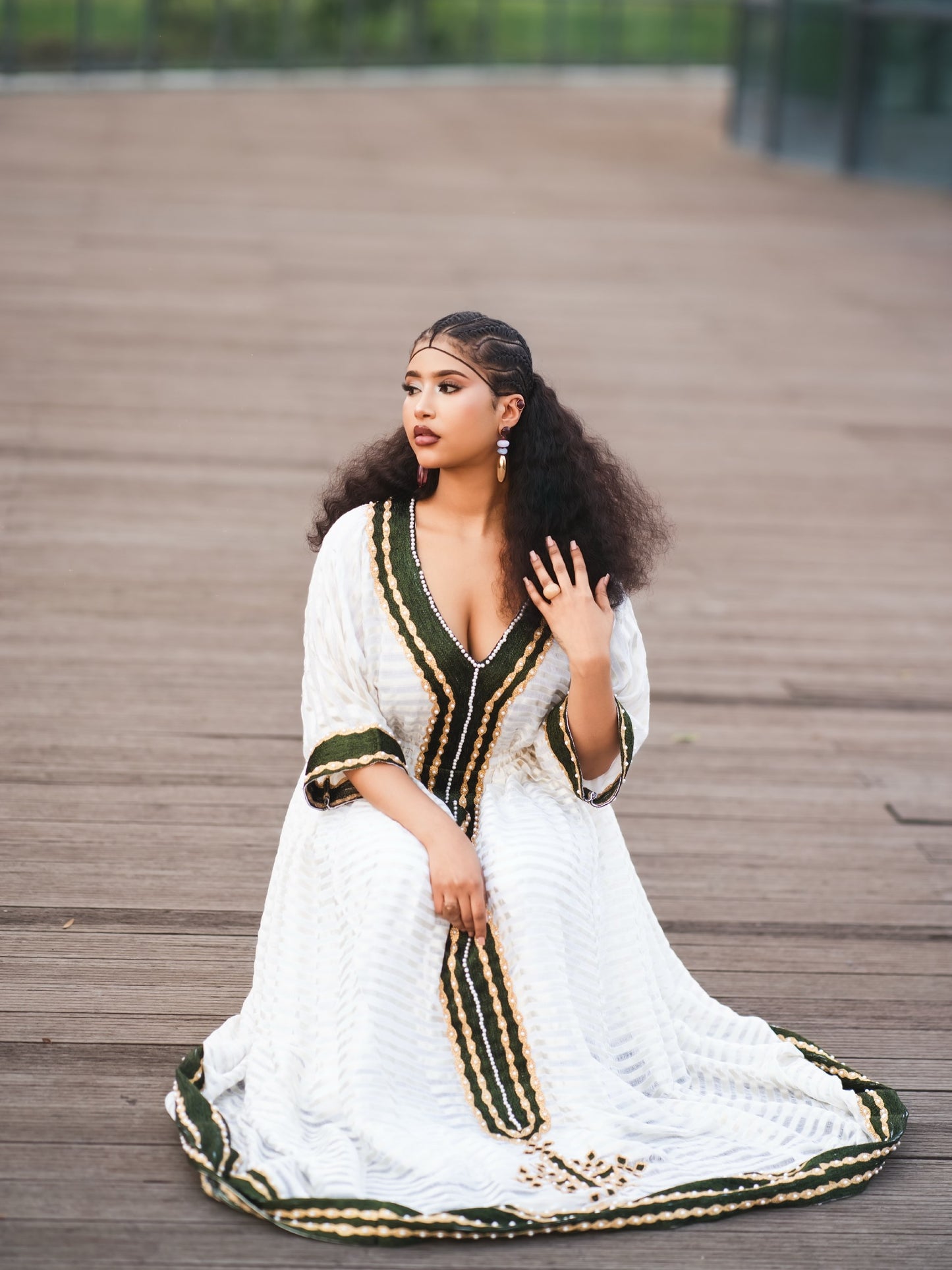 Elegant Ethiopian Traditional Dress in White and Green Gold Embroidery Habesha Kemis Beautiful Habesha Dress Style 1103