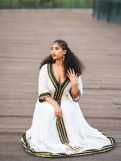 Elegant Ethiopian Traditional Dress in White and Green Gold Embroidery Habesha Kemis Beautiful Habesha Dress Style 1103