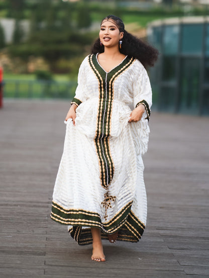 Elegant Ethiopian Traditional Dress in White and Green Gold Embroidery Habesha Kemis Beautiful Habesha Dress Style 1103