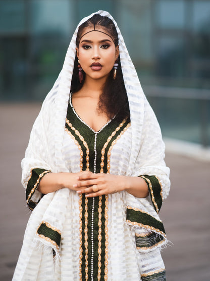 Elegant Ethiopian Traditional Dress in White and Green Gold Embroidery Habesha Kemis Beautiful Habesha Dress Style 1103
