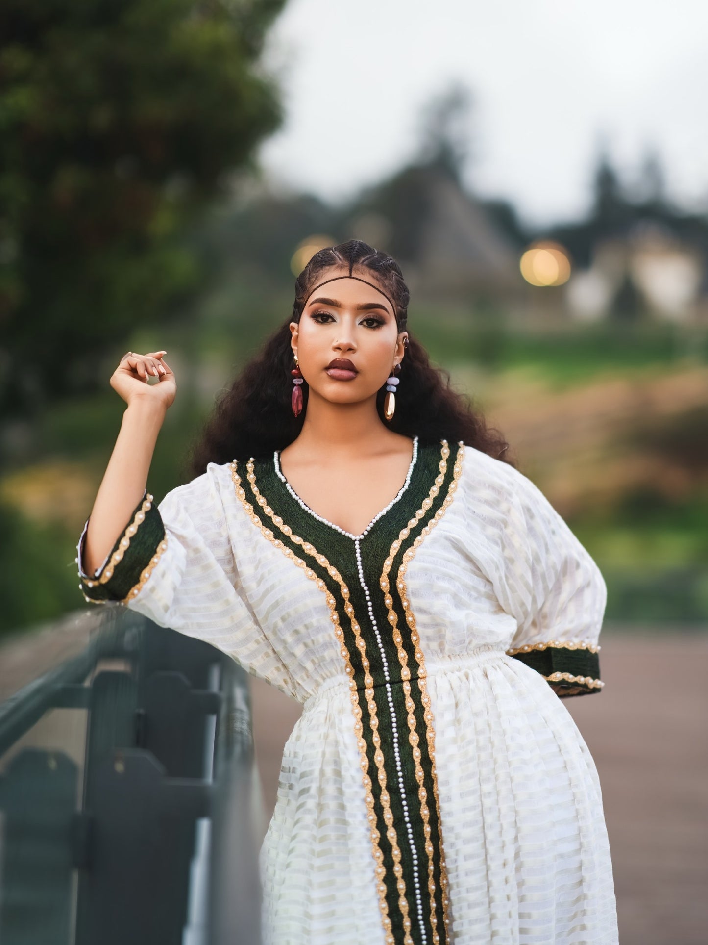 Elegant Ethiopian Traditional Dress in White and Green Gold Embroidery Habesha Kemis Beautiful Habesha Dress Style 1103