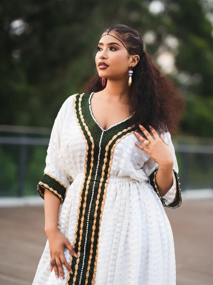 Elegant Ethiopian Traditional Dress in White and Green Gold Embroidery Habesha Kemis Beautiful Habesha Dress Style 1103
