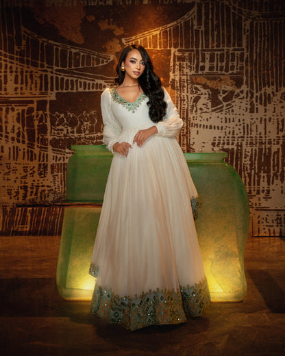 Ivory Heritage-Inspired Ethiopian Clothing  Turquoise Embroidery Habesha Kemis  Timeless Habesha Dress Style 1104