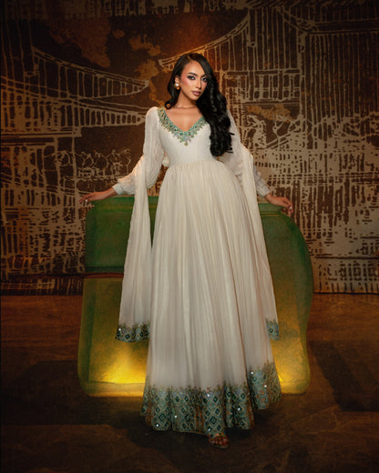 Ivory Heritage-Inspired Ethiopian Clothing  Turquoise Embroidery Habesha Kemis  Timeless Habesha Dress Style 1104