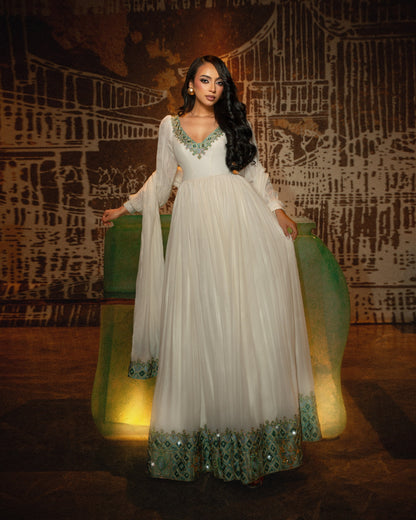 Ivory Heritage-Inspired Ethiopian Clothing  Turquoise Embroidery Habesha Kemis  Timeless Habesha Dress Style 1104