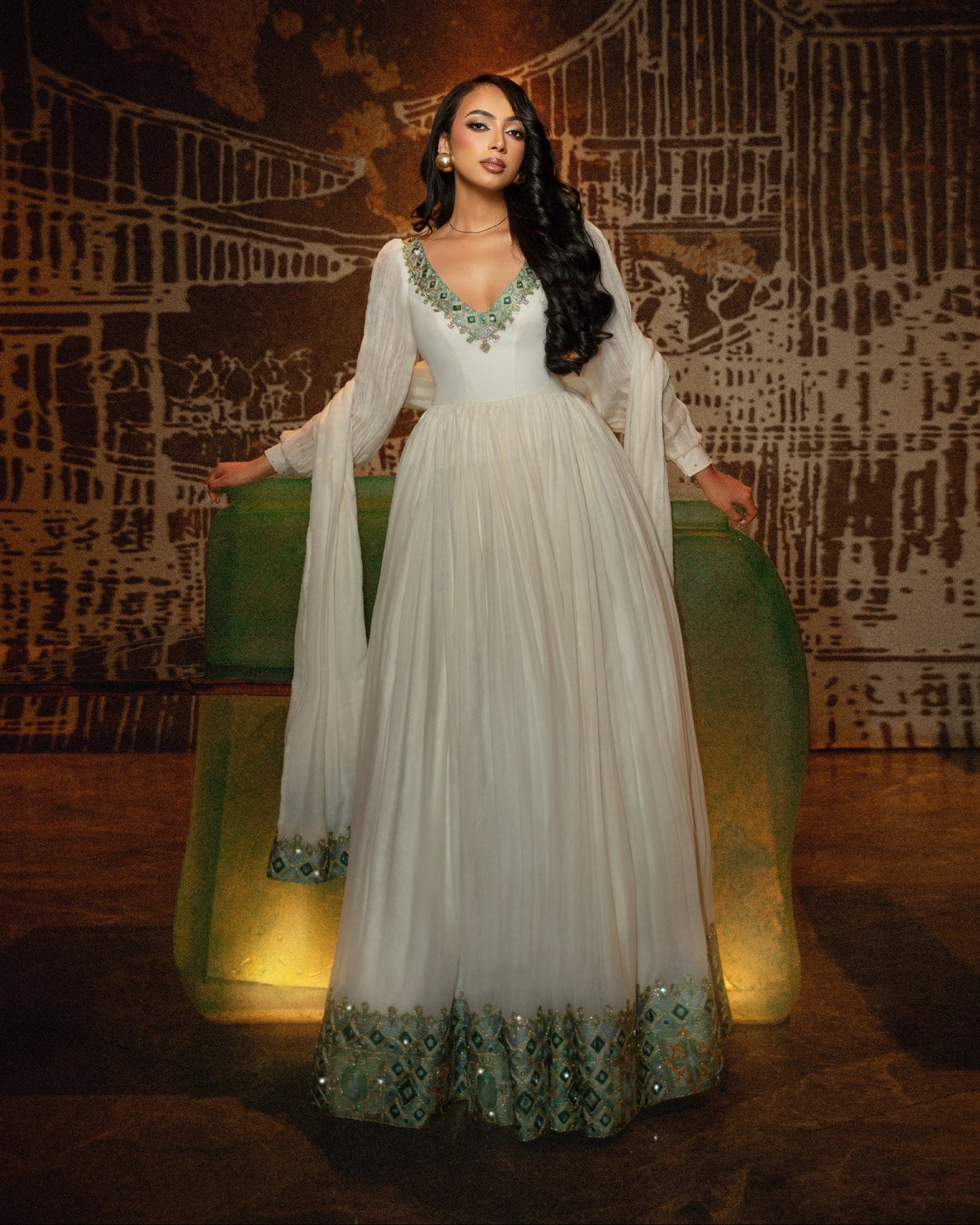 Ivory Heritage-Inspired Ethiopian Clothing  Turquoise Embroidery Habesha Kemis  Timeless Habesha Dress Style 1104