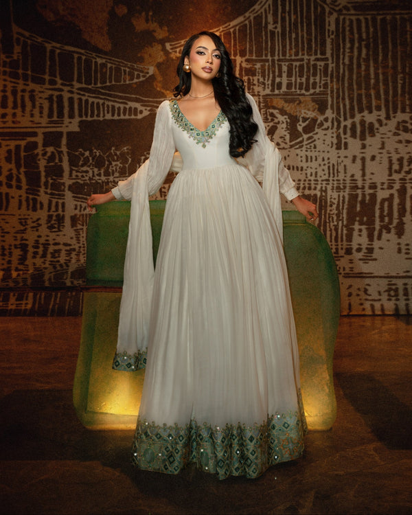 Ivory Heritage-Inspired Ethiopian Clothing  Turquoise Embroidery Habesha Kemis  Timeless Habesha Dress Style 1104