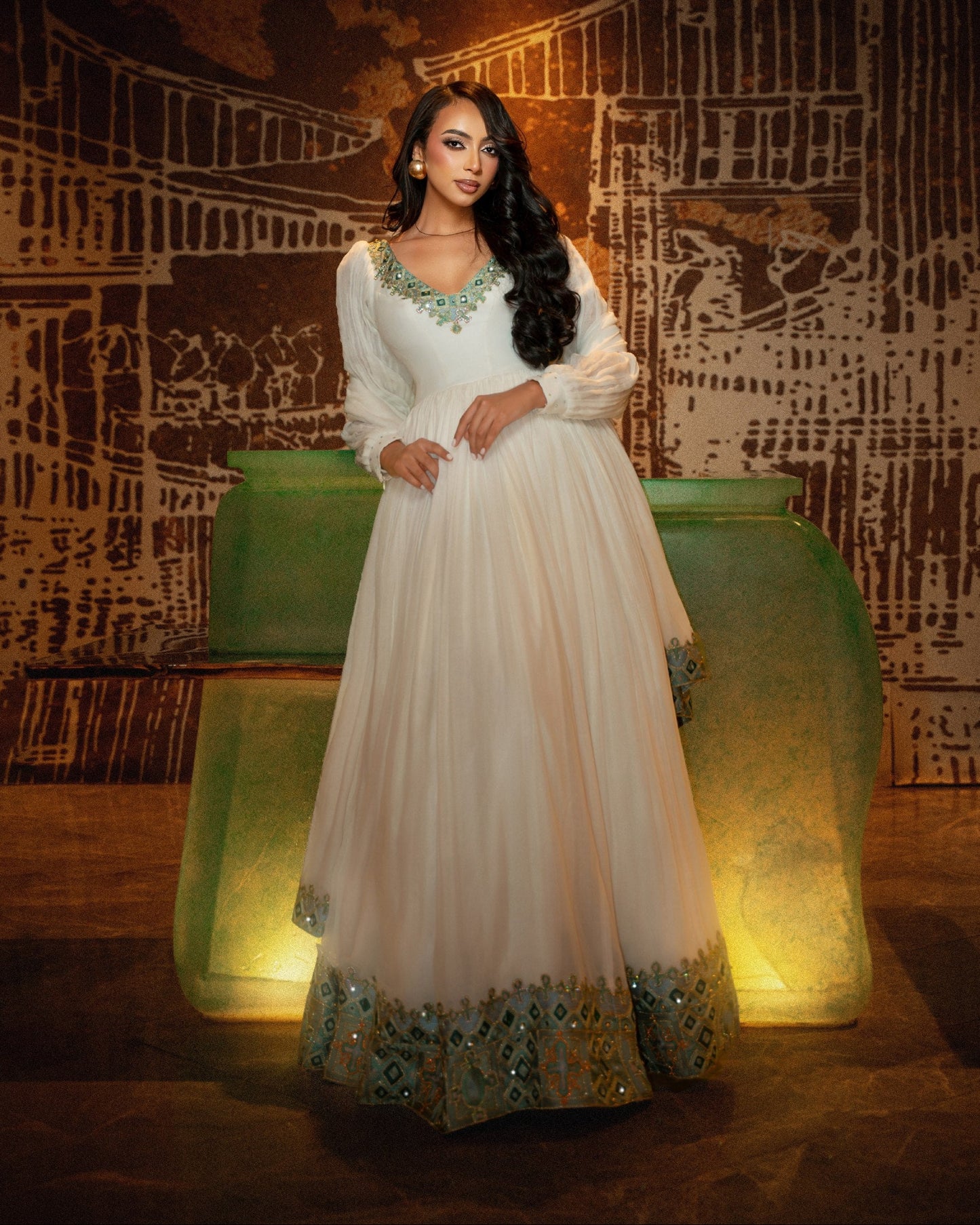 Ivory Elegance with Turquoise Embroidery and Timeless Heritage-Inspired Details