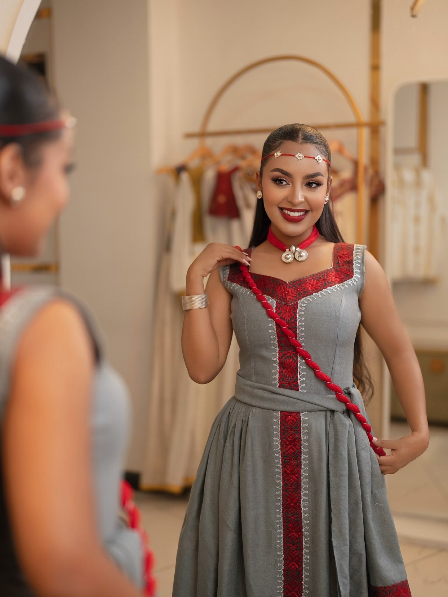 Slate Grey Crimson Red Diamond Habesha Kemis Cross Sleeveless Habesha dress For Event 1105