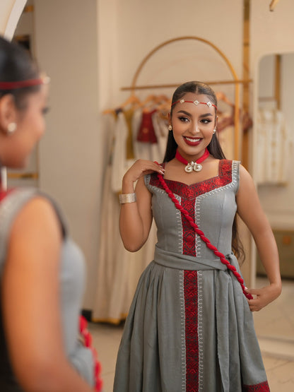 Slate Grey Crimson Red Diamond Habesha Kemis Cross Sleeveless Habesha dress For Event 1105