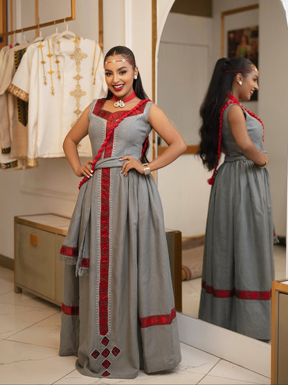 Slate Grey Crimson Accent habesha kemis online Handloomed ethiopian clothing