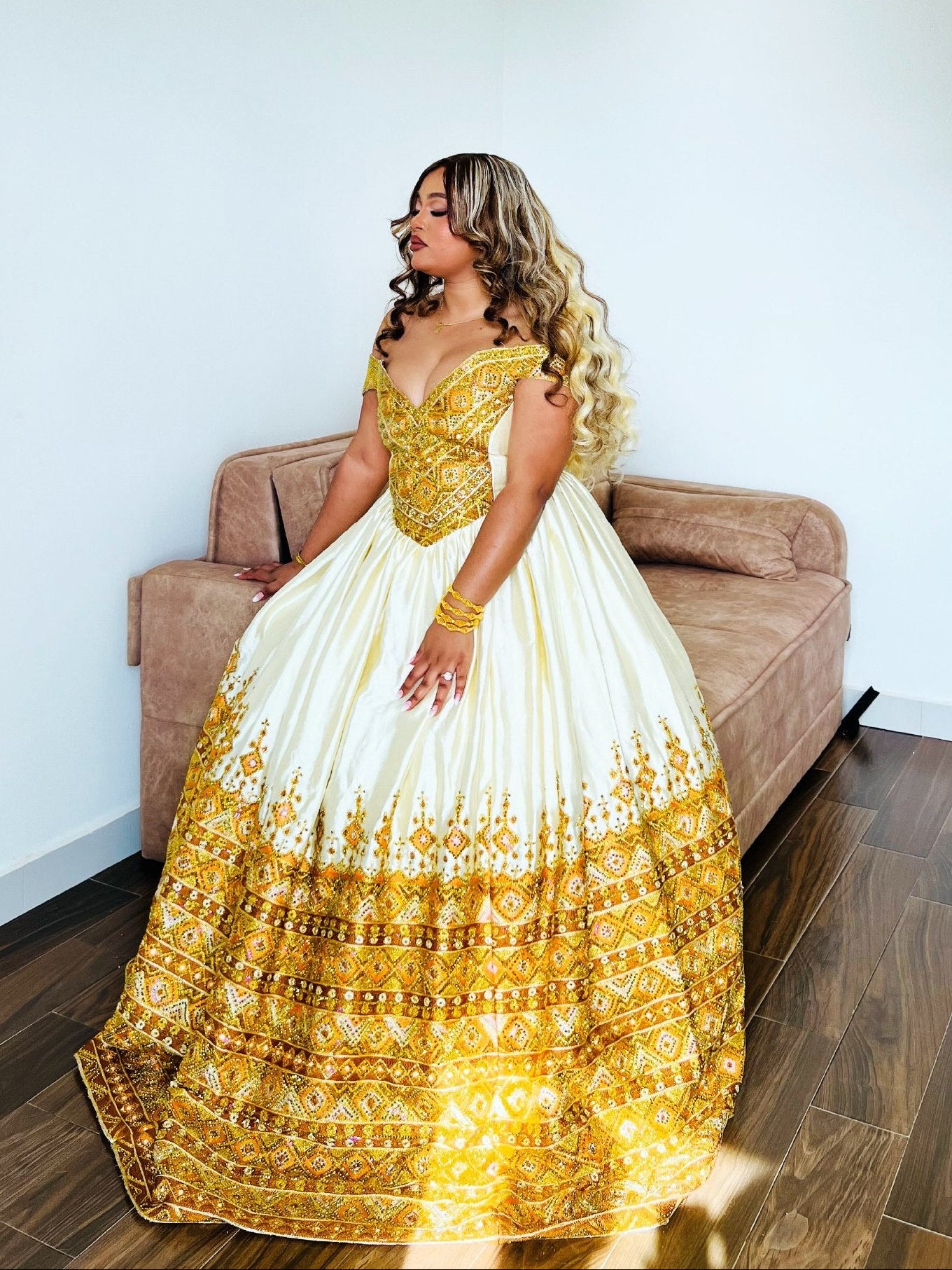 Radiant Ethiopian Wedding Ensemble with Golden Embroidery