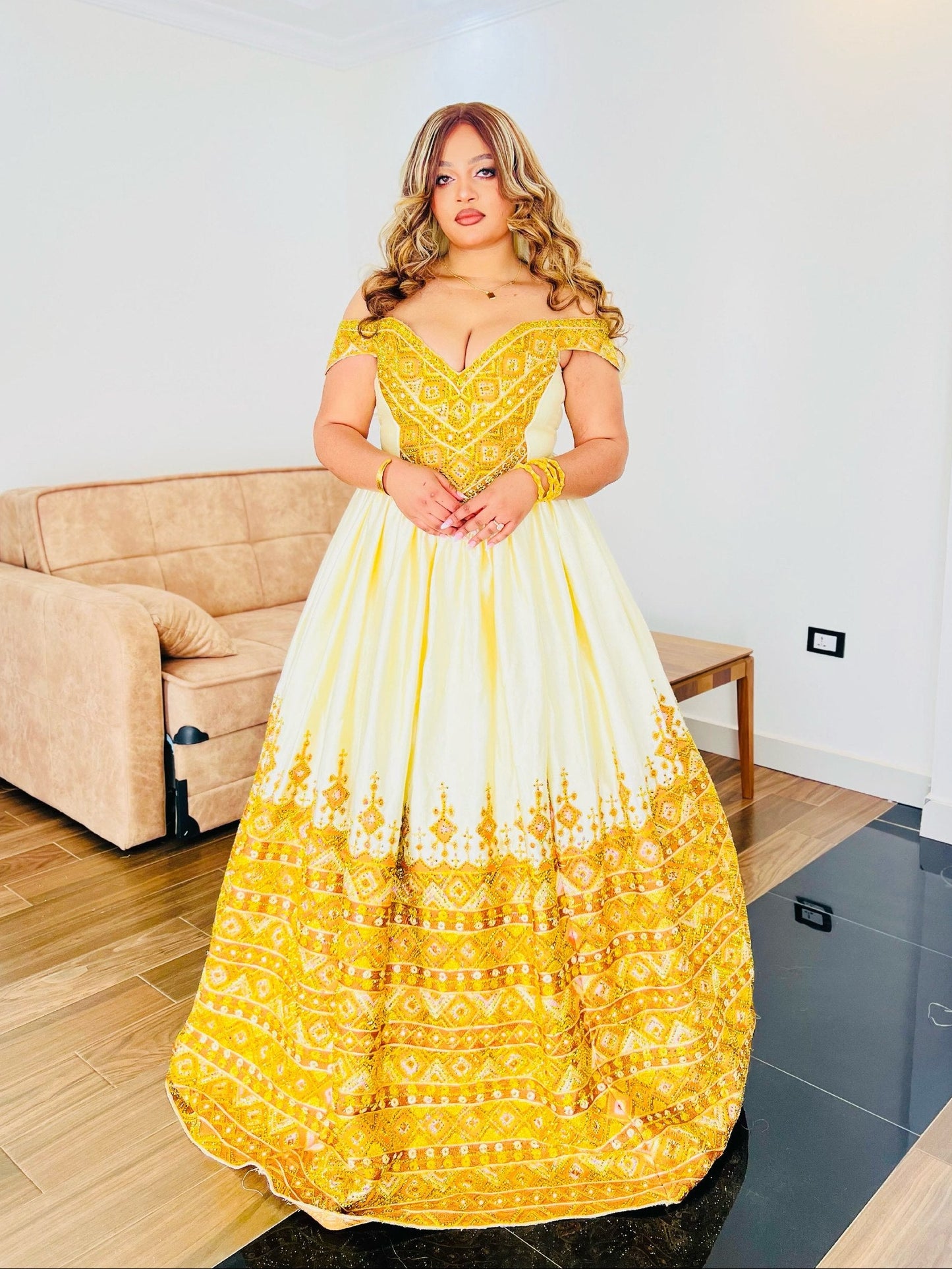 Ethiopian Wedding Dress with Golden Embroidery Traditional Habesha Bridal Clothing & Habesha Kemis 1108