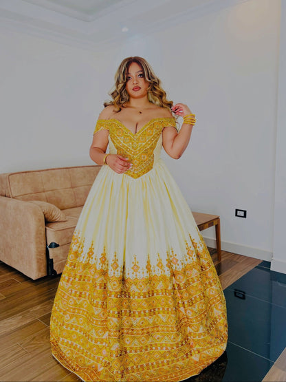 Ethiopian Wedding Dress with Golden Embroidery Traditional Habesha Bridal Clothing & Habesha Kemis 1108