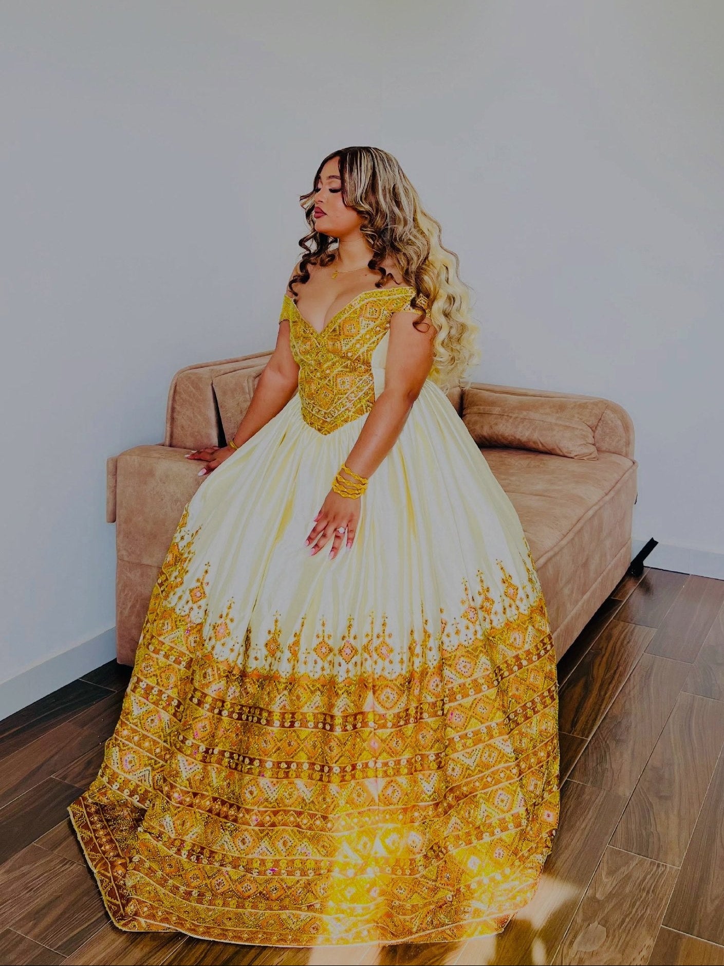 Ethiopian Wedding Dress with Golden Embroidery Traditional Habesha Bridal Clothing & Habesha Kemis 1108