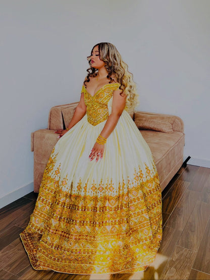 Ethiopian Wedding Dress with Golden Embroidery Traditional Habesha Bridal Clothing & Habesha Kemis 1108
