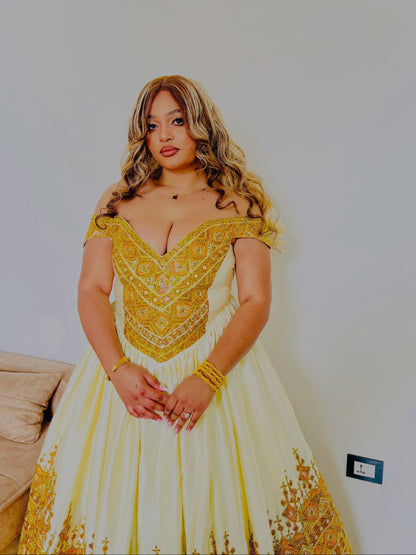 Ethiopian Wedding Dress with Golden Embroidery Traditional Habesha Bridal Clothing & Habesha Kemis 1108