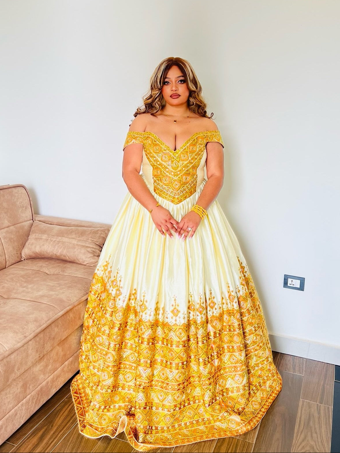 Ethiopian Wedding Dress with Golden Embroidery Traditional Habesha Bridal Clothing & Habesha Kemis 1108