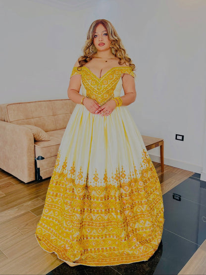 Ethiopian Wedding Dress with Golden Embroidery Traditional Habesha Bridal Clothing & Habesha Kemis 1108