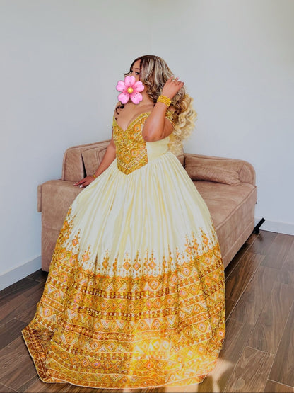 Ethiopian Wedding Dress with Golden Embroidery Traditional Habesha Bridal Clothing & Habesha Kemis 1108